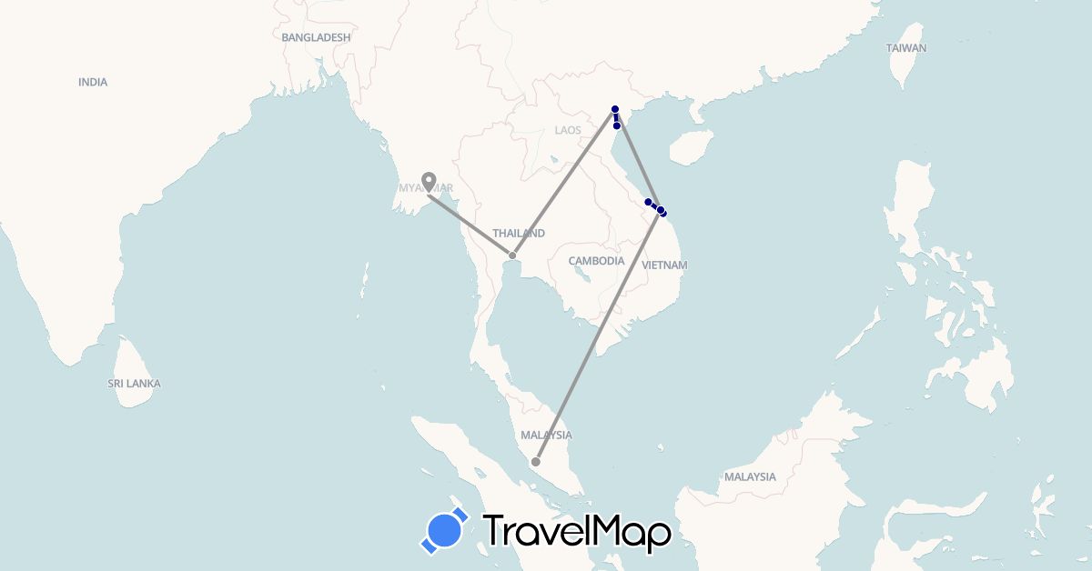 TravelMap itinerary: driving, plane in Myanmar (Burma), Malaysia, Thailand, Vietnam (Asia)